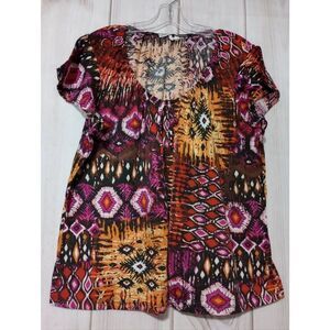 Aztec Print Short Sleeve Tie Neck Blouse Top Red Orange Purple‎
